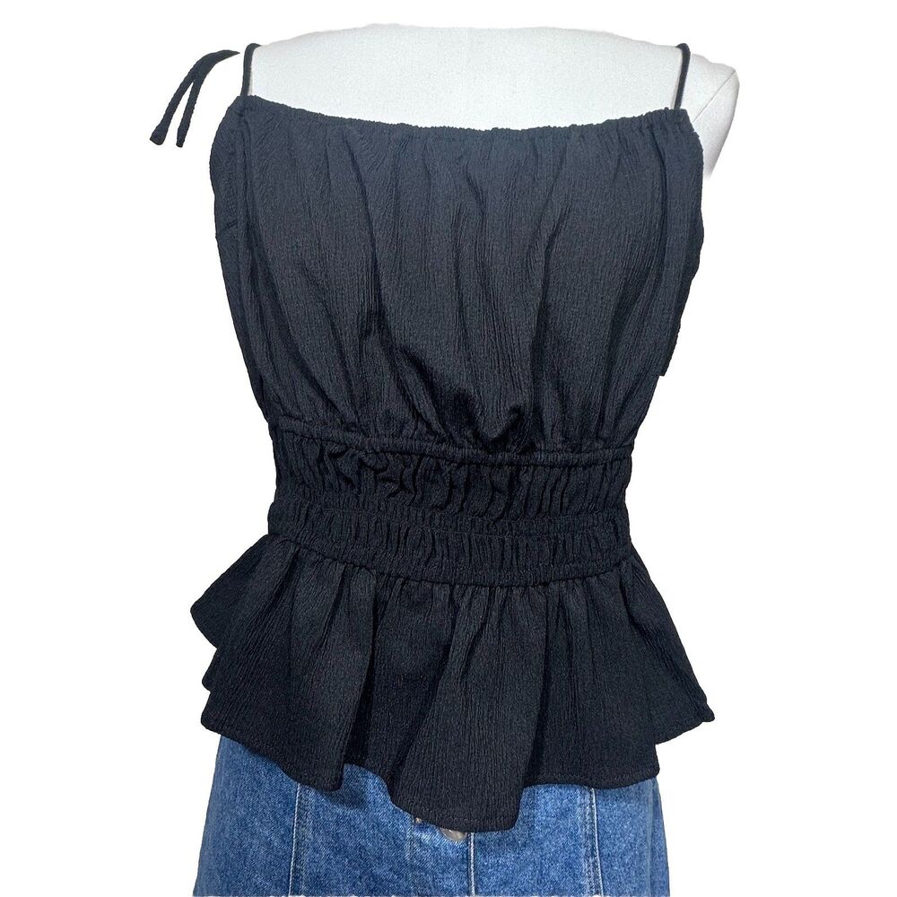 Forever 21‎ Peplum Cami Womens 1X Black Smocked Waist Tie Shoulder Crepe Top